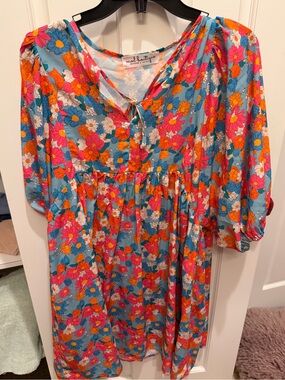 Floral Babydoll Dress in Turquoise with Pink & Orange Flowers